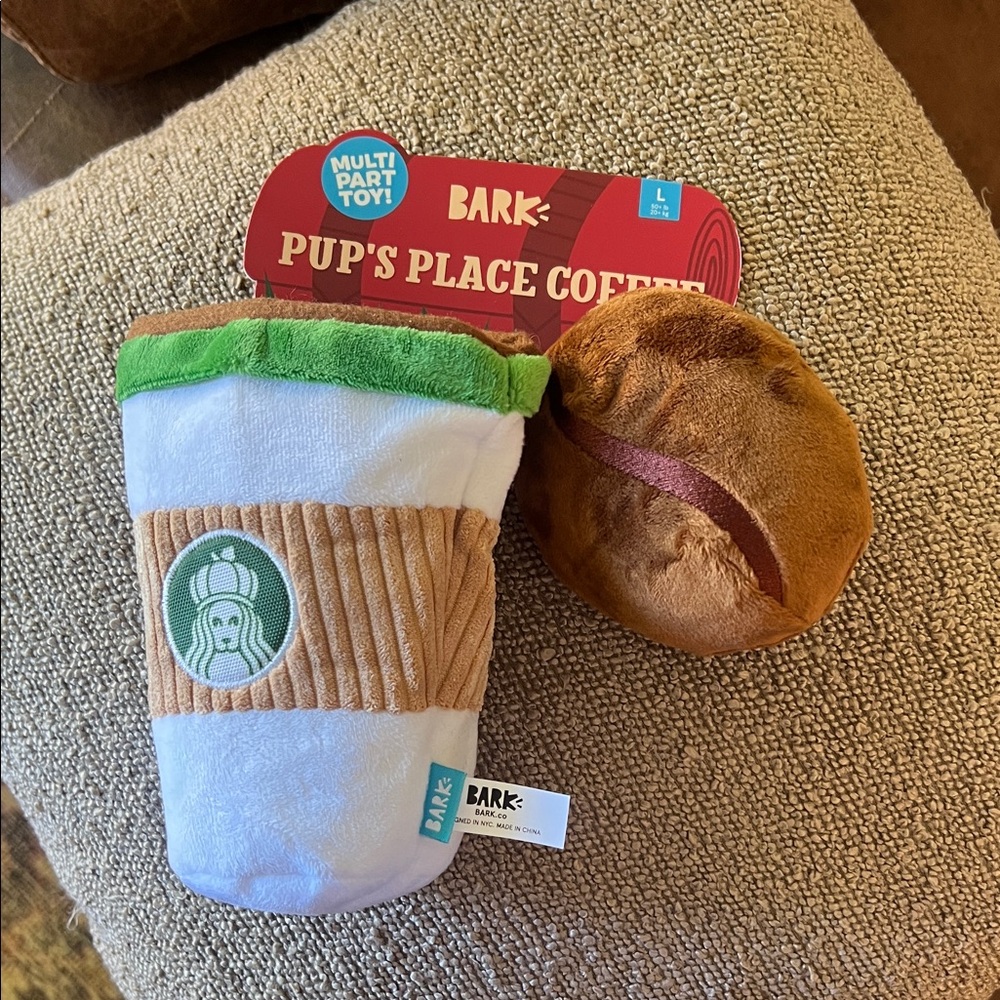 Bark Plush Coffee Cup & Pastry Dog Toy - White, Green, Tan, Brown